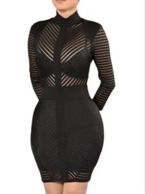 Iris Black Bodycon Dress XL Sheer Stripe Long Sleeve High Neck Zip Back
